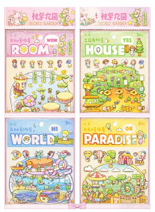 Palap TruGyft® DIY 3D House Stickers Pack of 4 with Tweezer - Cute Cartoon Scene Kits for Kids Dreamland-Crystal Paradise, Bottle World, Tree House, Secret Flower Room - Image 1